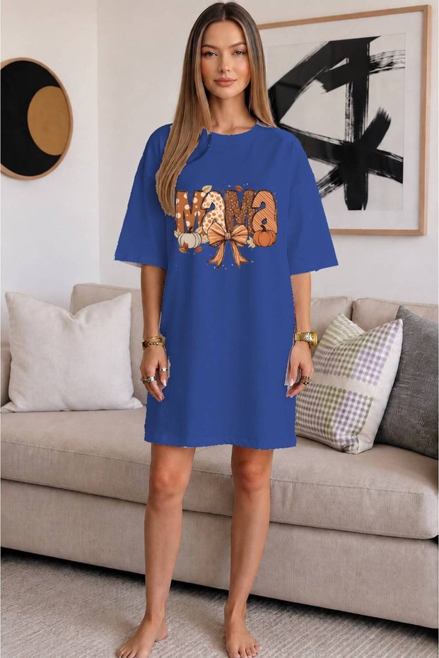 Crew Neck Pumpkin and Bow Detail with Mama Written Extra Long Oversize Tunic T-Shirt Short Sleeve