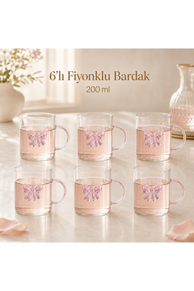 Set of 6 Pink Bow Glass Cups 200 ml – Coffee and Soft Drink Glasses