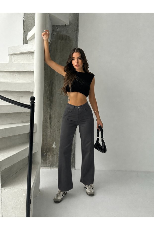 Women's High Waist Smoked Linen Boyfriend Style Wide Legs