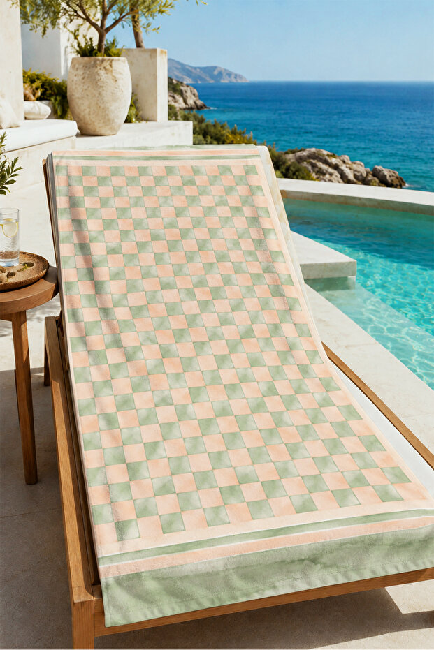 Pastel Yellow Blue Checkered Summer Modern Patterned 70X150 Beach Towel - Cotton Bath Towel
