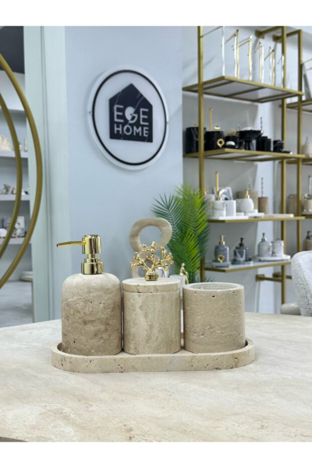 Decorative Travertine Natural 4-Piece Bathroom Set with Gold Details