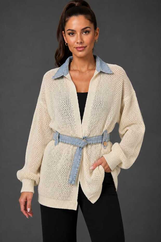 Women's Ecru Openwork Mesh Knitwear Cardigan Bohemian Jacket Cardigan with Jean Collar and Belt Detail