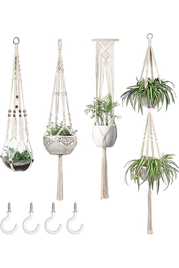 Macrame Plant Hangers Set, 4 Pcs Macrame Plant Hangers with Pots and Saucers, Indoor Hanging Planter