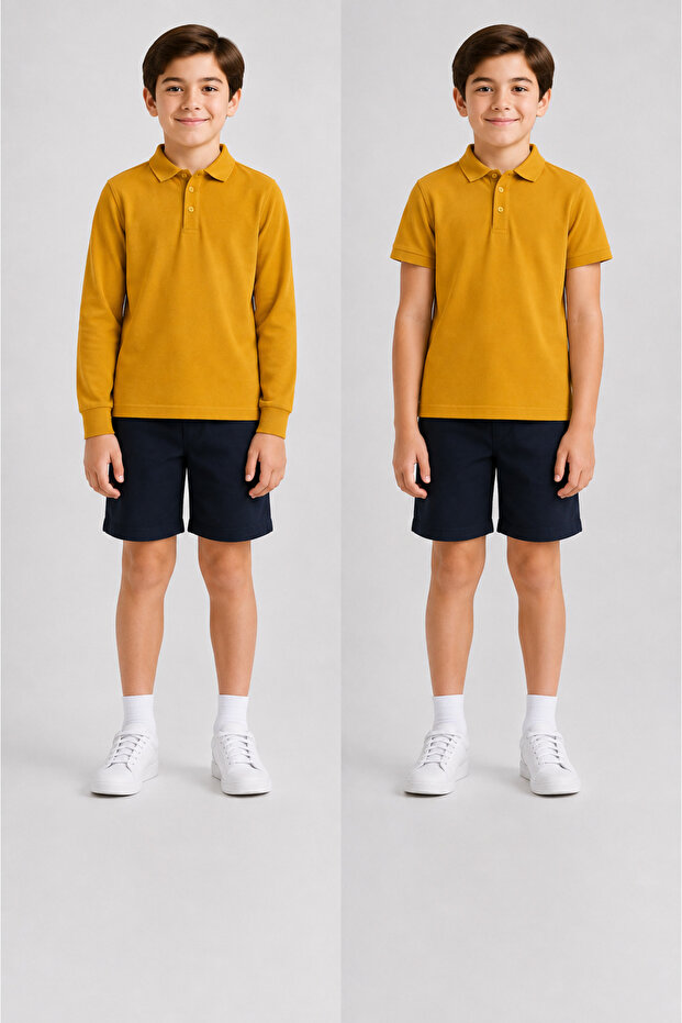 100% Cotton Mustard Long Sleeve & Short Sleeve 2 Piece Polo Collar T-Shirt