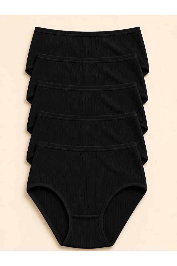 Yüksel Bel 100% Cotton Ribbed 5-Piece Panties