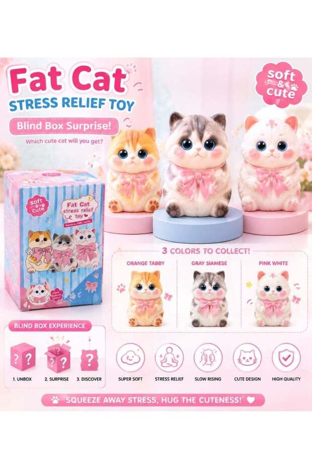 Fat Cat Blind Box Stress Relief Toy collection. Display three collectible color variants—Orange Tabby, Gray Siamese, and Pink White