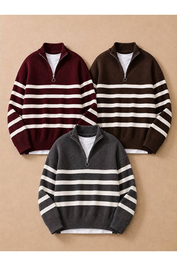 Men's 3-Piece Set Half-Zipper Striped Knitwear Sweater Oversize Model