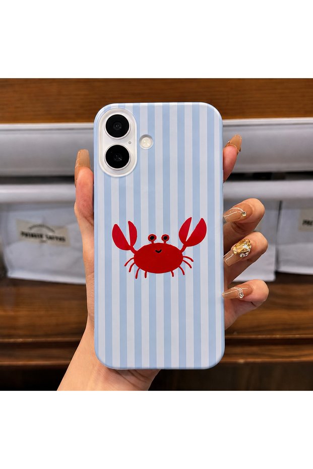غطاء هاتف من السيليكون متوافق مع iPhone 16، بتصميم خطوط برتقالية ونقش سرطان البحر باللون الأزرق الفاتح