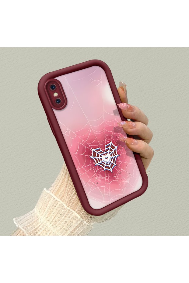 iPhone XS Max Compatible Pink Gradient Heart Spider Web Pattern Silicone Case