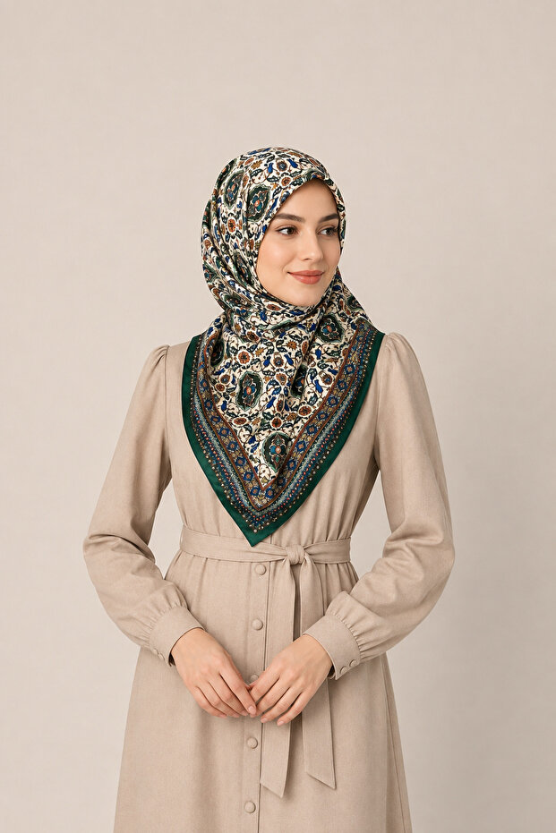 Authentic Motif Women's Square Scarf 90X90 cm – Green Ecru