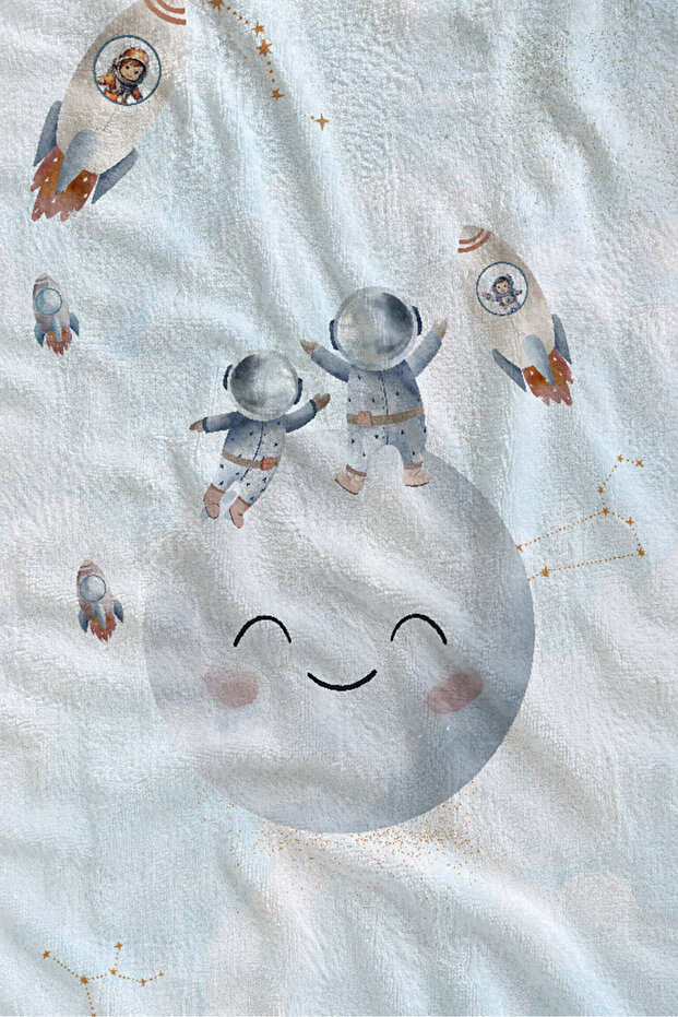 70X150 Beach Towel with White Moon and Cute Animal Figures - Cotton Bath Towel