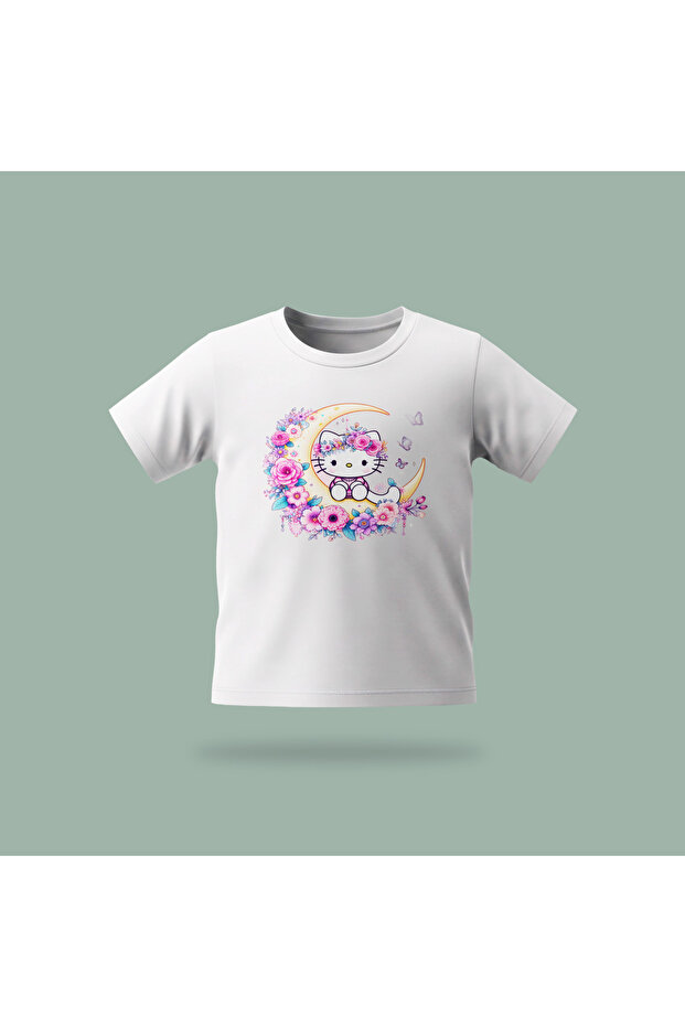 Children's Kitty Moon Patterned Printed T-Shirt 100% Cotton Single Jersey Fabric - White