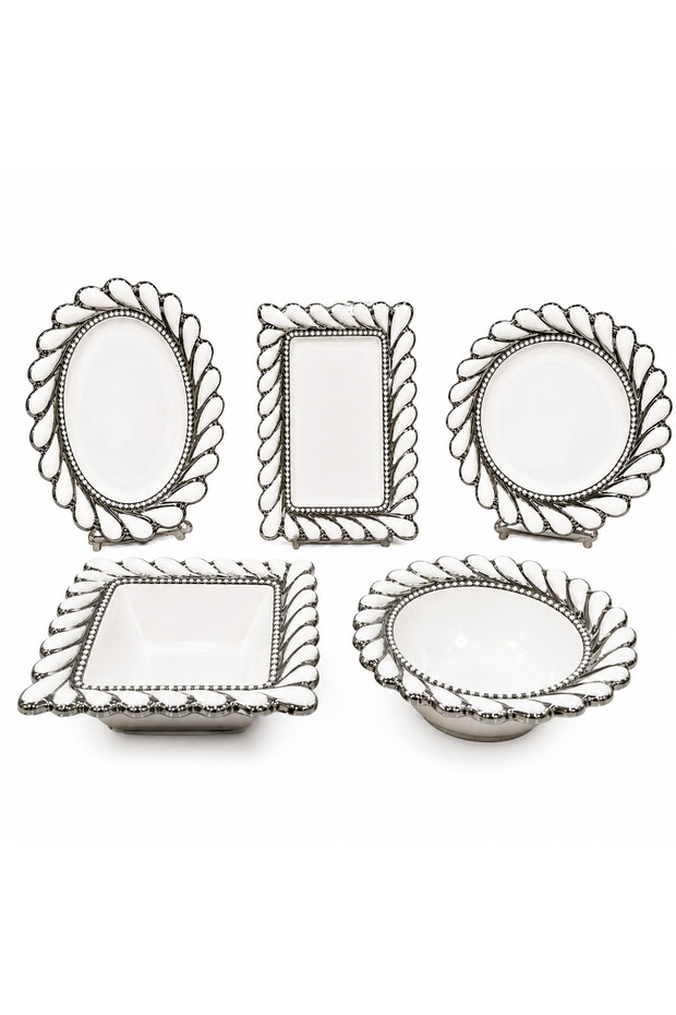 5-Piece Presentation Set, White with Silver Detailing Decorative Serving Plates, Stylish Breakfast and Treat Presentation Set, Snack, Appetizer, and Dessert Serving Plate