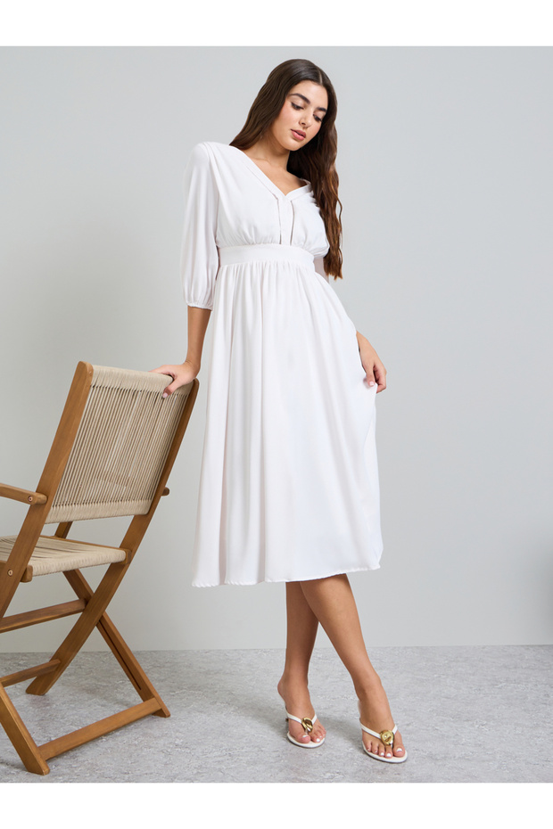 White Solid 3/4 Sleeves A-Line Midi Dress