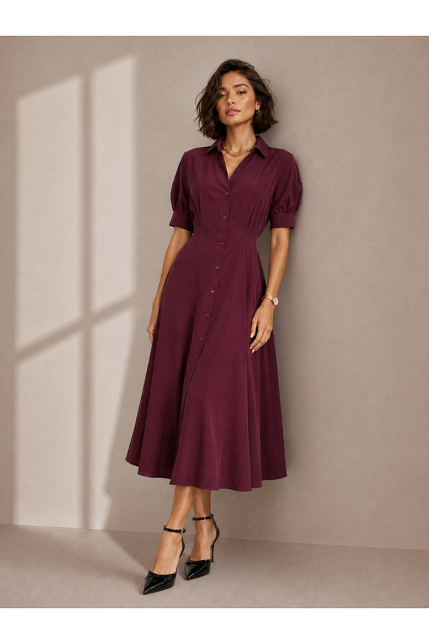 Burgundy Lapel Collar Short Puff Sleeves Shirt Maxi Dress
