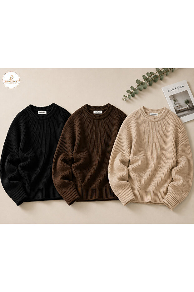Women's 3-Piece Crew Neck Oversize Knitwear Sweater Soft Knitted Sweater