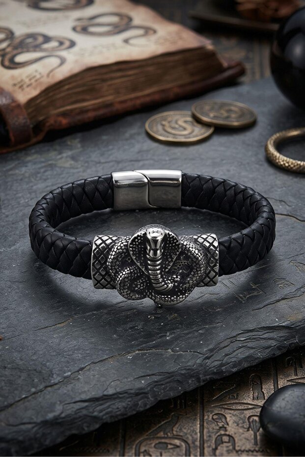 Stainless Steel and Leather Bracelet with Cobra Snake Figure 902867