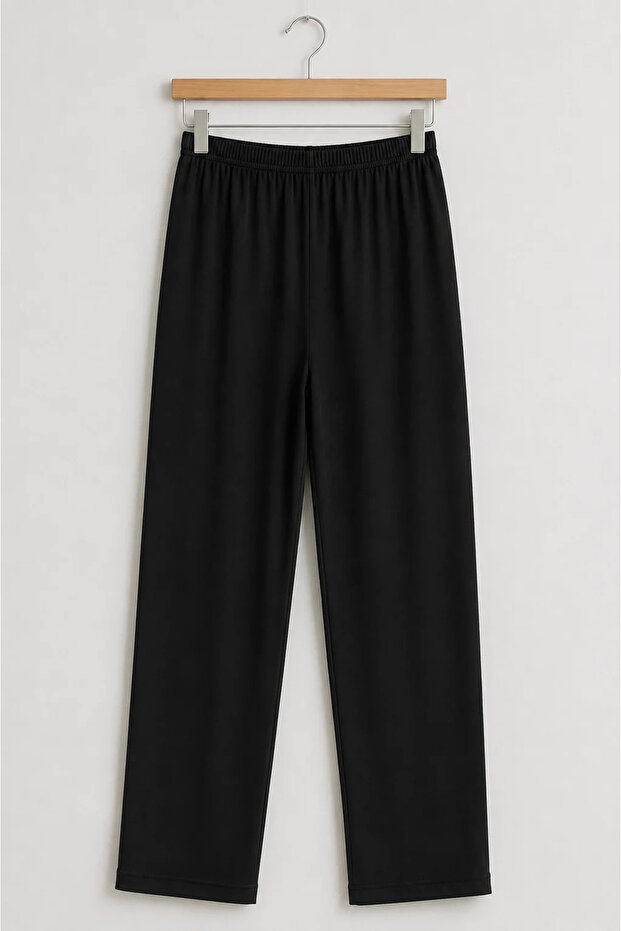Women's Black Cotton Combed Cotton Trousers Lined with Lining That Doesn'T Show Through, Flexible, Comfortable, Wide Legs