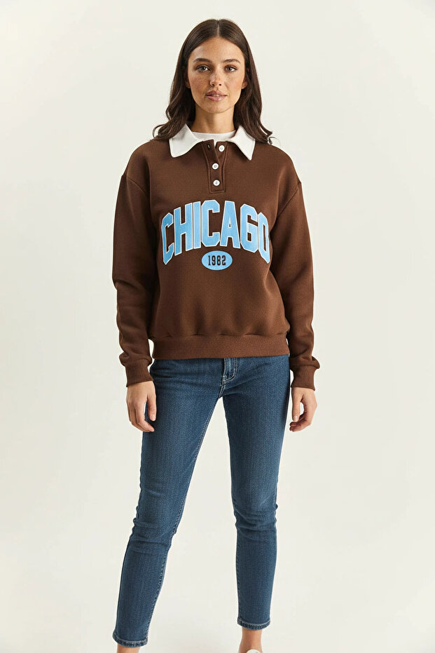 Women's Polo Collar Chicago Printed Three Thread Ribbed Bitter Brown Sweatshirt