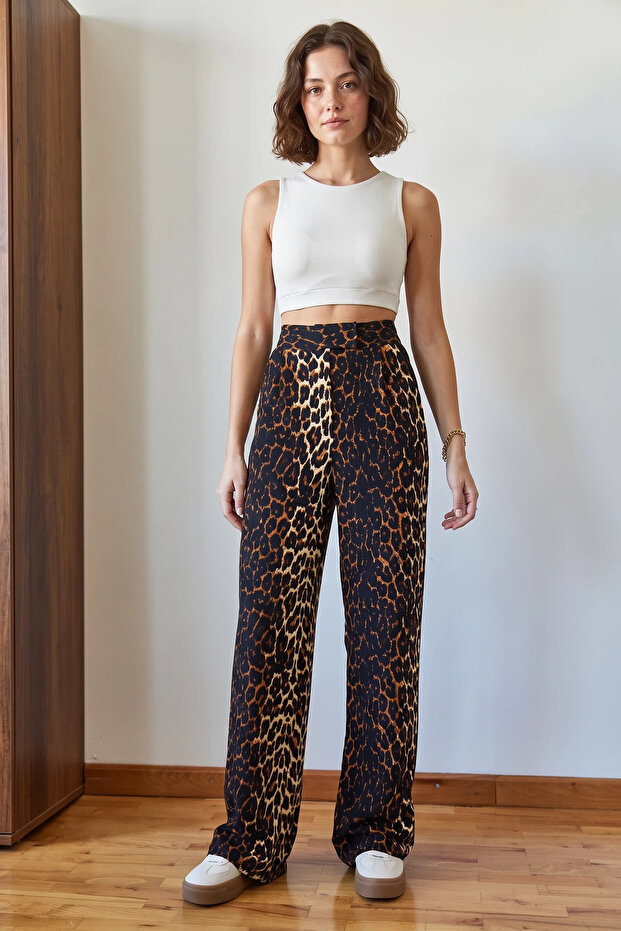 Women's Leopard Patterned Velcro Palazzo Trousers with Pocket Detail Black Camel