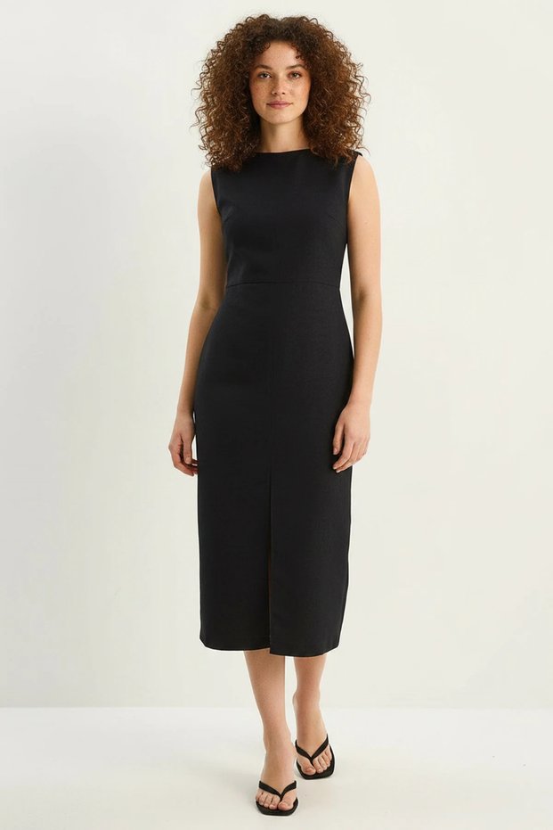 Women's Slit Detailed Woven Suede Midi Black Dress