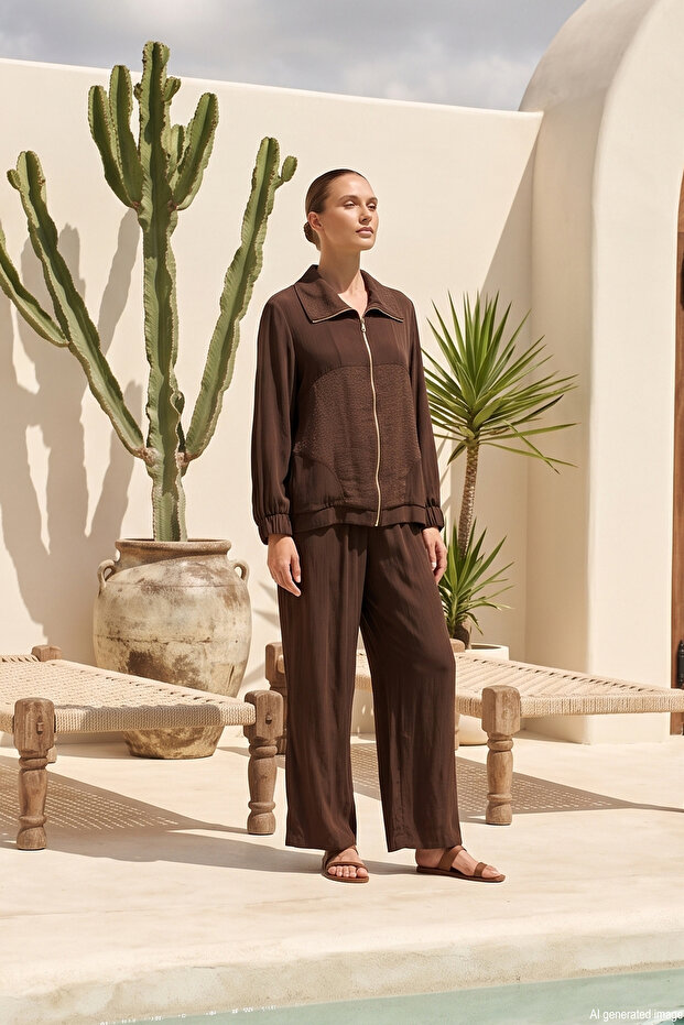 Collar Shiny Fabric Detail Shirt Trousers Set 1026 Brown