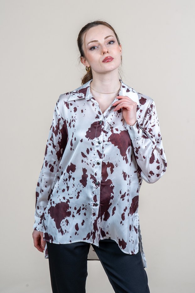 Women's Summer Brown Long Satin Shirt with Side Slits 70021