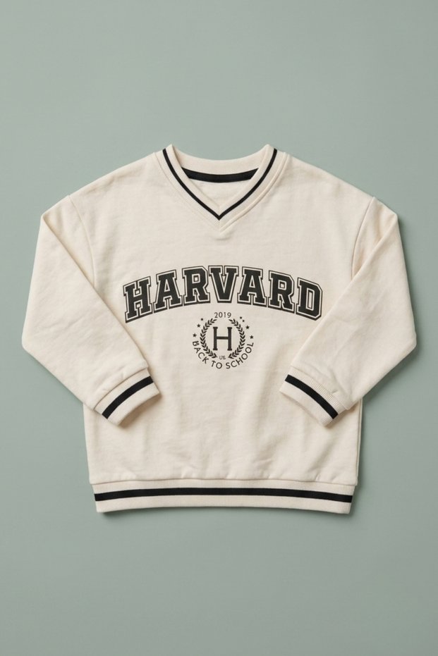 Unisex Kids' V-Neck College Printed Sweatshirt with Stripe Detail