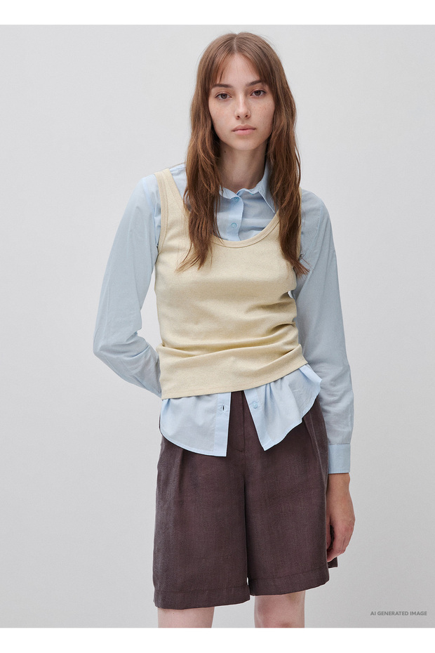 Women's Beige Cotton Blend Ribbed Undershirt
