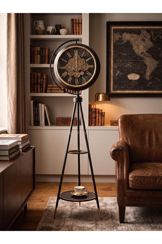 Matte Black Wheel Tripod Stand Decorative Clock Nora