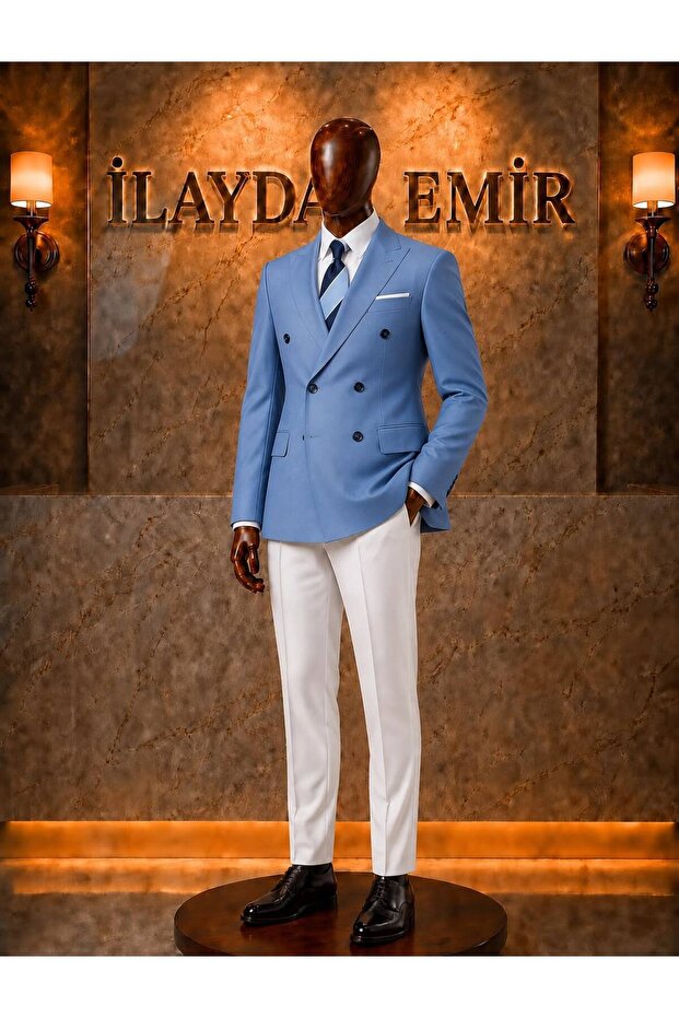 Slim Fit Light Blue Double-Breasted Suit – Stylish Men's Suit with White Trousers and White Shirt
