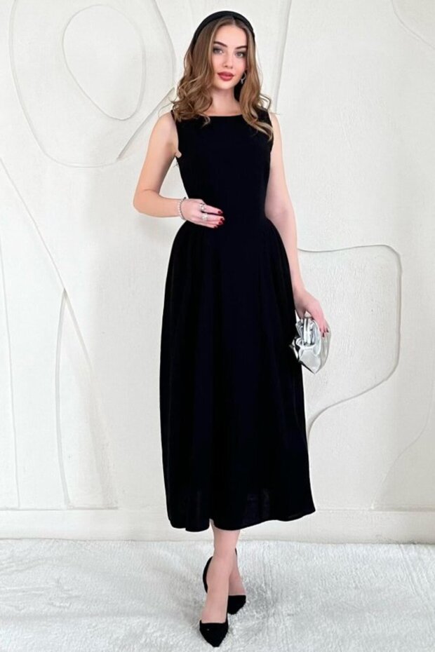 Black Midi Length Basic Linen Dress