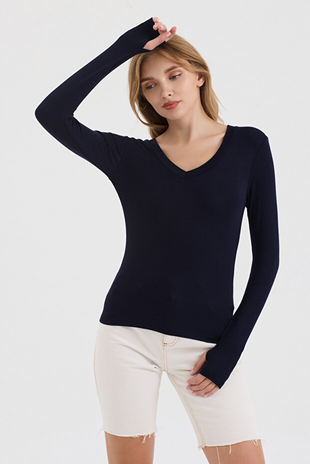 Women's Navy Blue V-Neck Slim Fit Finger-Looped Ultra Soft Flexible Lycra Cotton Basic Body&Blouse