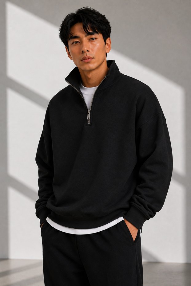 Unisex Half-Zipper Stand Collar 100% Cotton Soft Textured Sweatshirt Plain Pullover