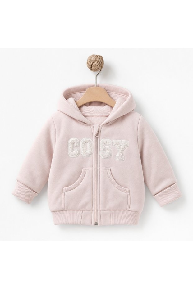 Baby Girl Hooded Zippered Cardigan 47% Cotton Modal Blend Cosy Embroidery Detailed Powder