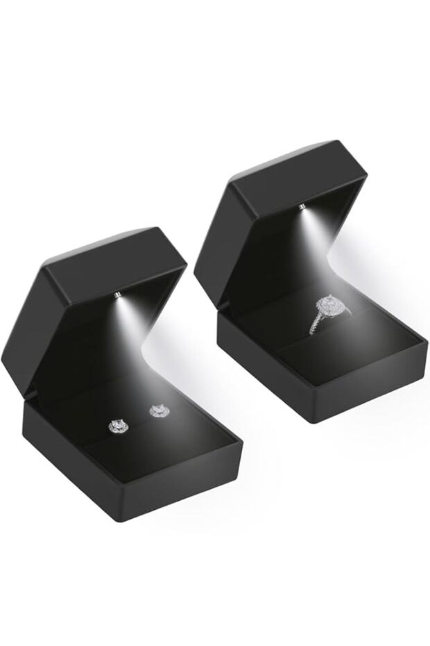 LETURE 2 Pieces Ring Earring Gift Box with LED light, Elegant Velvet Ring Case Jewelry Display for Proposal, Engagement, Wedding, Gift (Black)