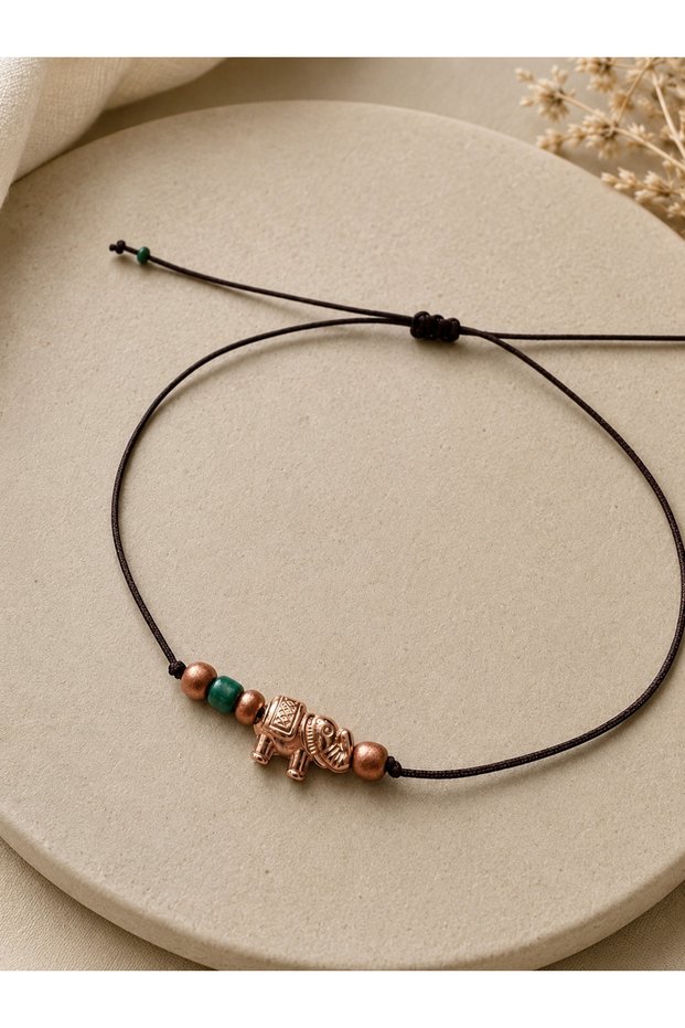 Brown String Gold Rose Elephant Charm Beaded Adjustable Anklet