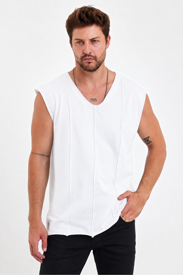Open V-Neck Zero Sleeve T-Shirt with Filthy Cut Stripe Detail