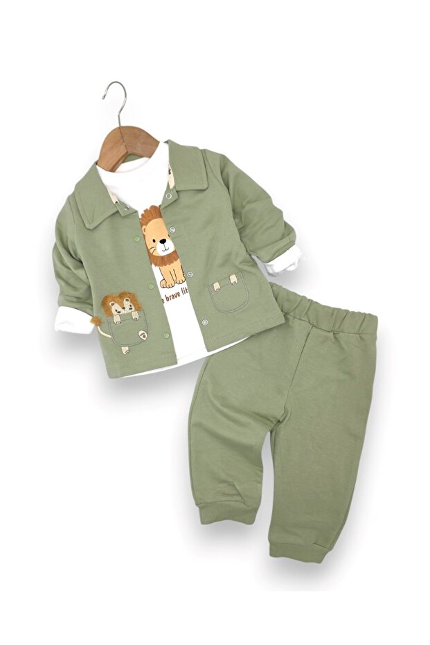 Baby Boy Lion Printed Jacket 3-Piece Stylish Set, Jacket Set for 6-9-12-18-24 Months