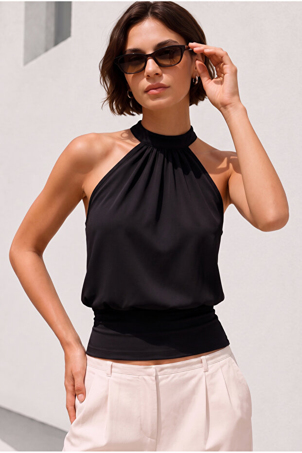 Women's Black Backless Halter Neck Modal Cotton Blouse with Fitted Waist