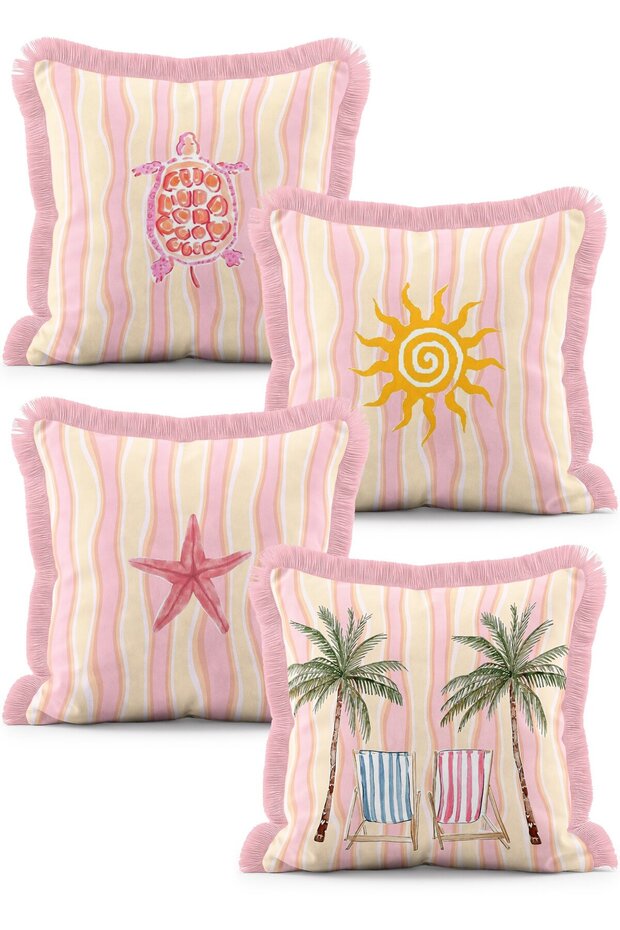 Summer Themed Striped Palm Tree, Sun and Sea Turtle Figured 4-Piece Fringed Throw Pillow Cover Set