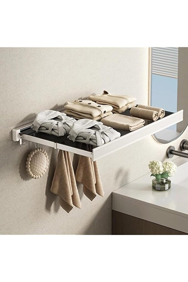 Wall Mounted Foldable Shelf, Invisible No-Drill Retractable Organizer with with Collapsible Net and 8 Hooks for Bathroom, Holds Towels & Clothes