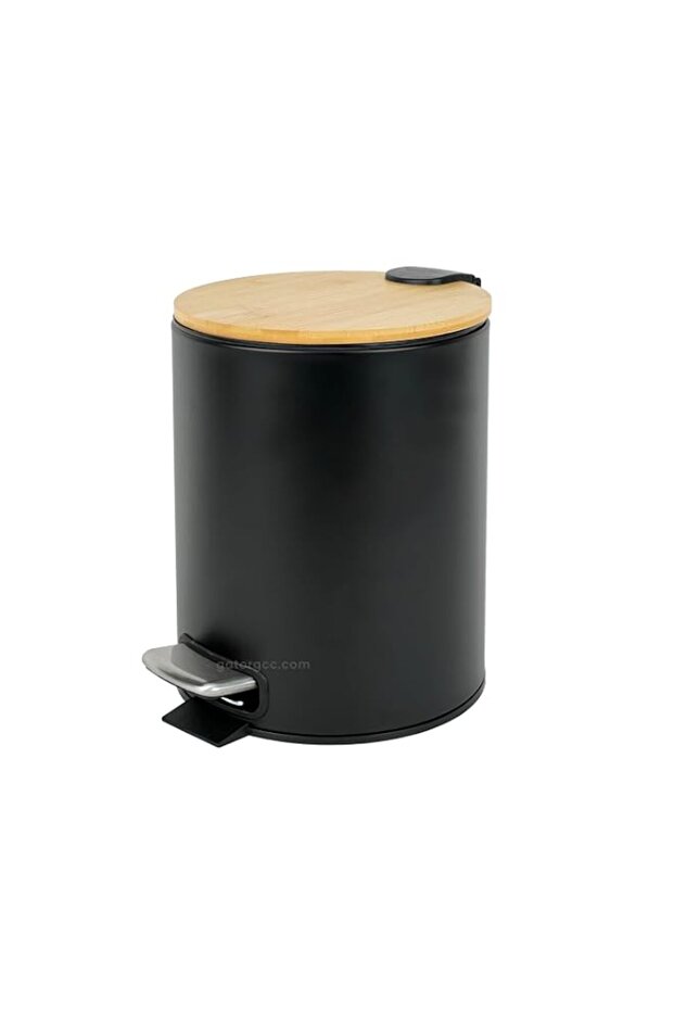 Soft-Close Pedal Bin | Bamboo Top Matte Black Waste Bin with Metal Pedal | 5 Liters