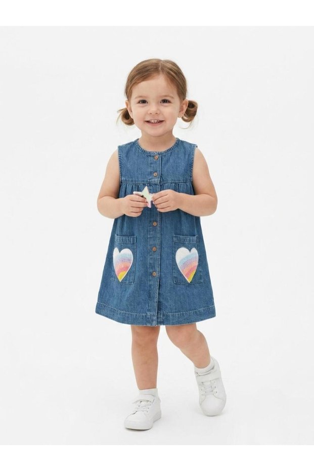Girl's Denim Dress Rainbow Heart Pocket Sleeveless Jean Dress