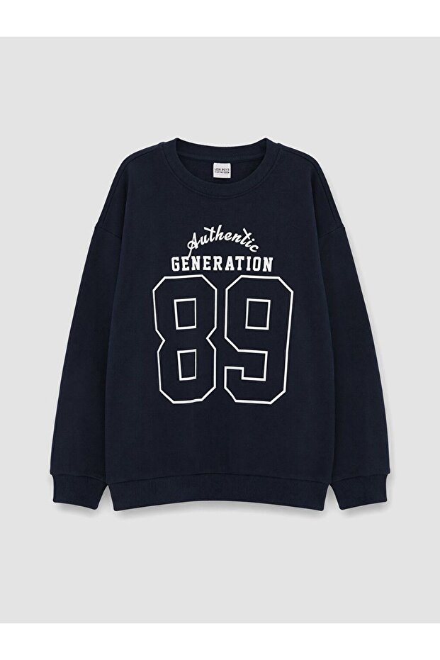 Lcw Kids Navy Blue Crew Neck Printed Boys' Sweatshirt