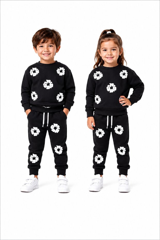Children's Unisex Embossed Printed Detailed Oversize Top and Bottom Tracksuit Set