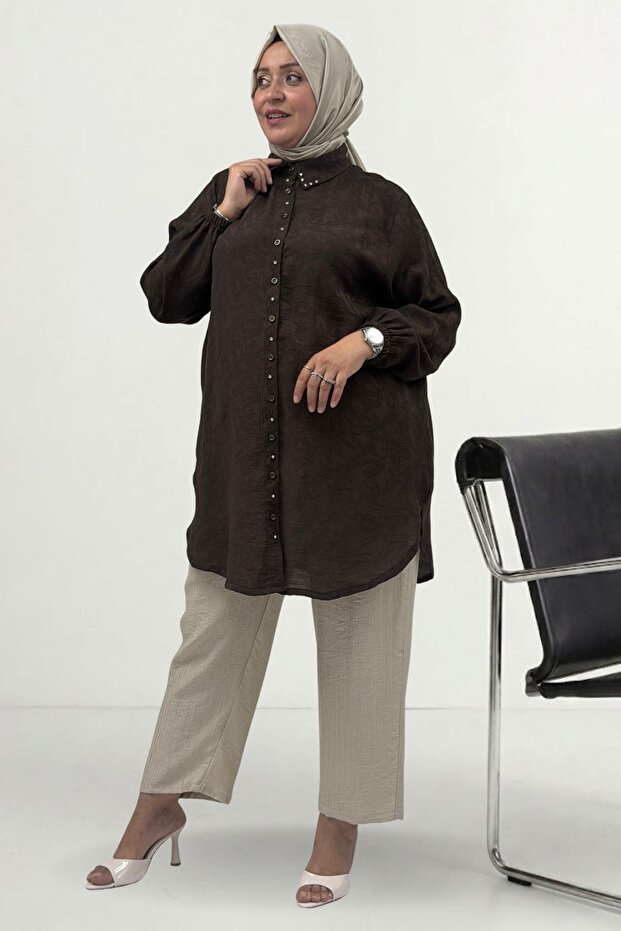 68085 Plus Size Beyoğlu Stone Detailed Jacquard Strawberry Shirt - Brown