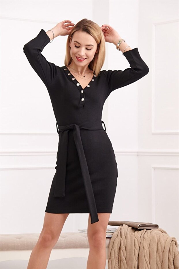 Önü Çıtçıtlı Mini Elbise - 1