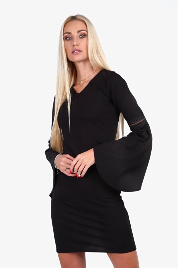 V Yaka Ispanyol Kol Mini Elbise - 2