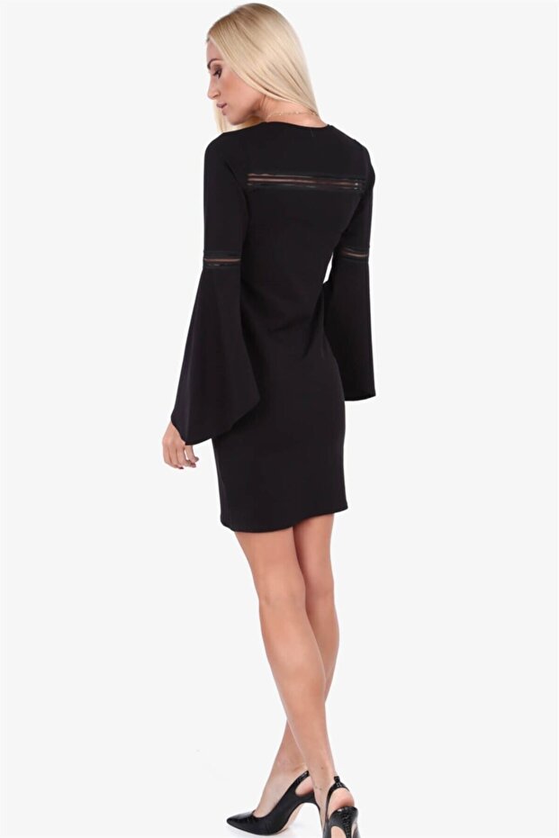 V Yaka Ispanyol Kol Mini Elbise - 3